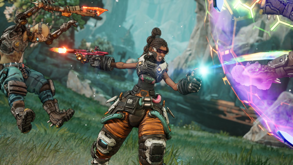 Harlowe firing a handgun alongside an energy effect