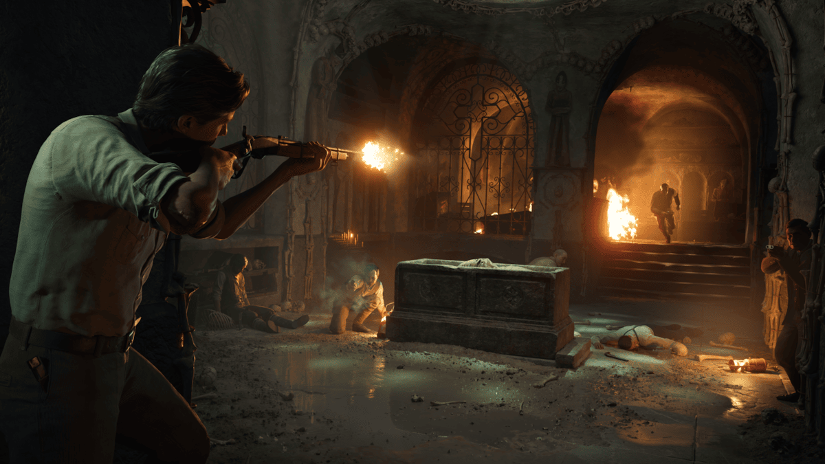 A firefight in a crypt in Mafia The Old Country