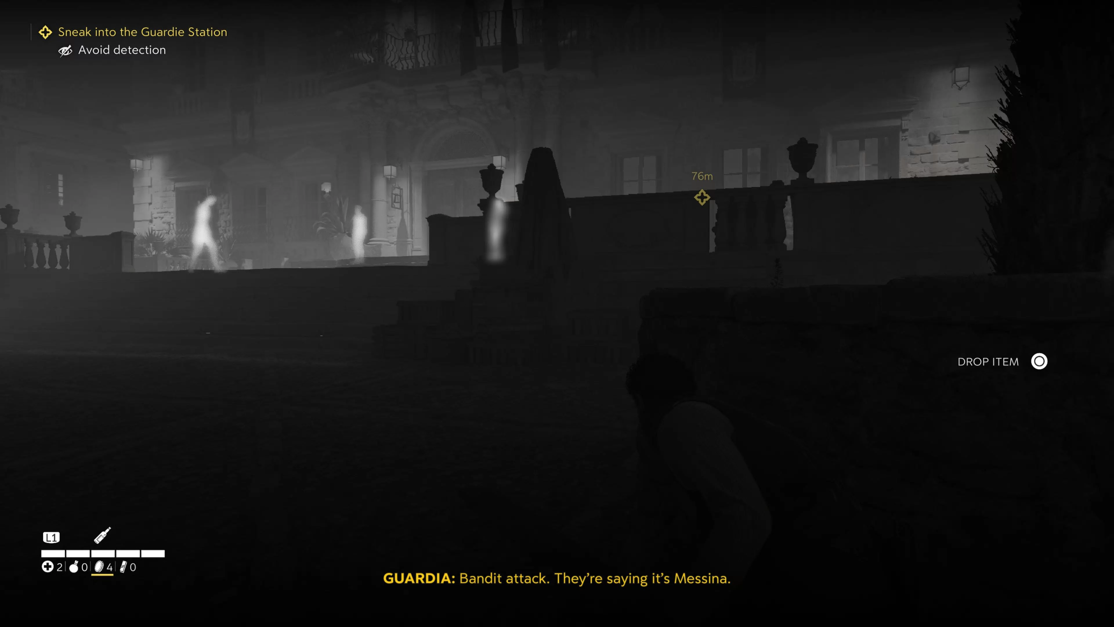 Player in cover with guards highlighted ahead and an avoid detection objective